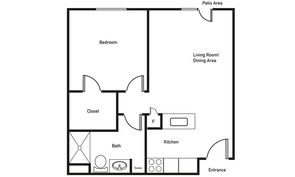 A simple one-bedroom apartment floor plan featuring a combined living and dining area, kitchen, bathroom, bedroom with closet, and a patio area.