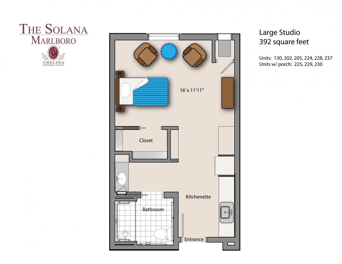Floor plan of a large studio apartment with a living area, kitchen, and bathroom.