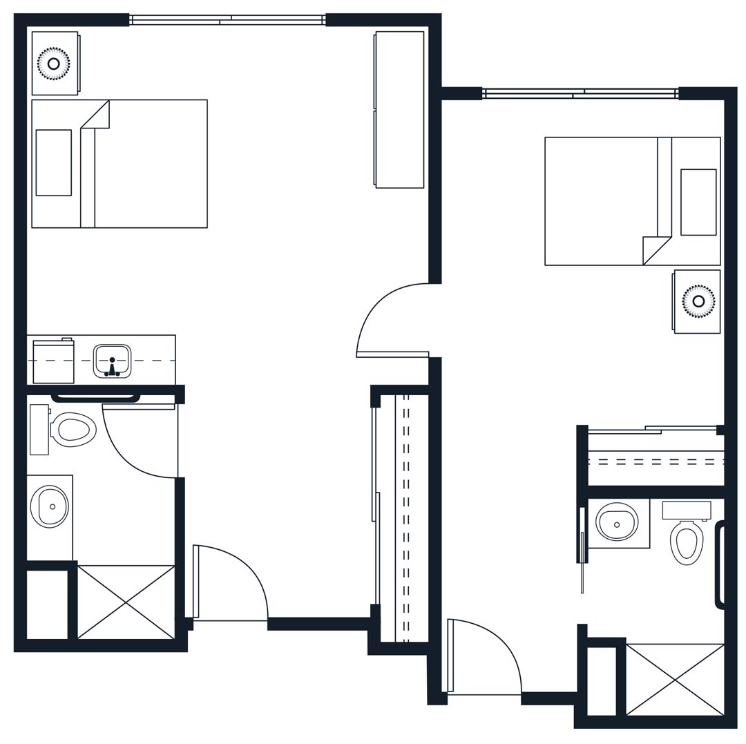 A floor plan showing a two-bedroom apartment layout with bathrooms and living spaces.