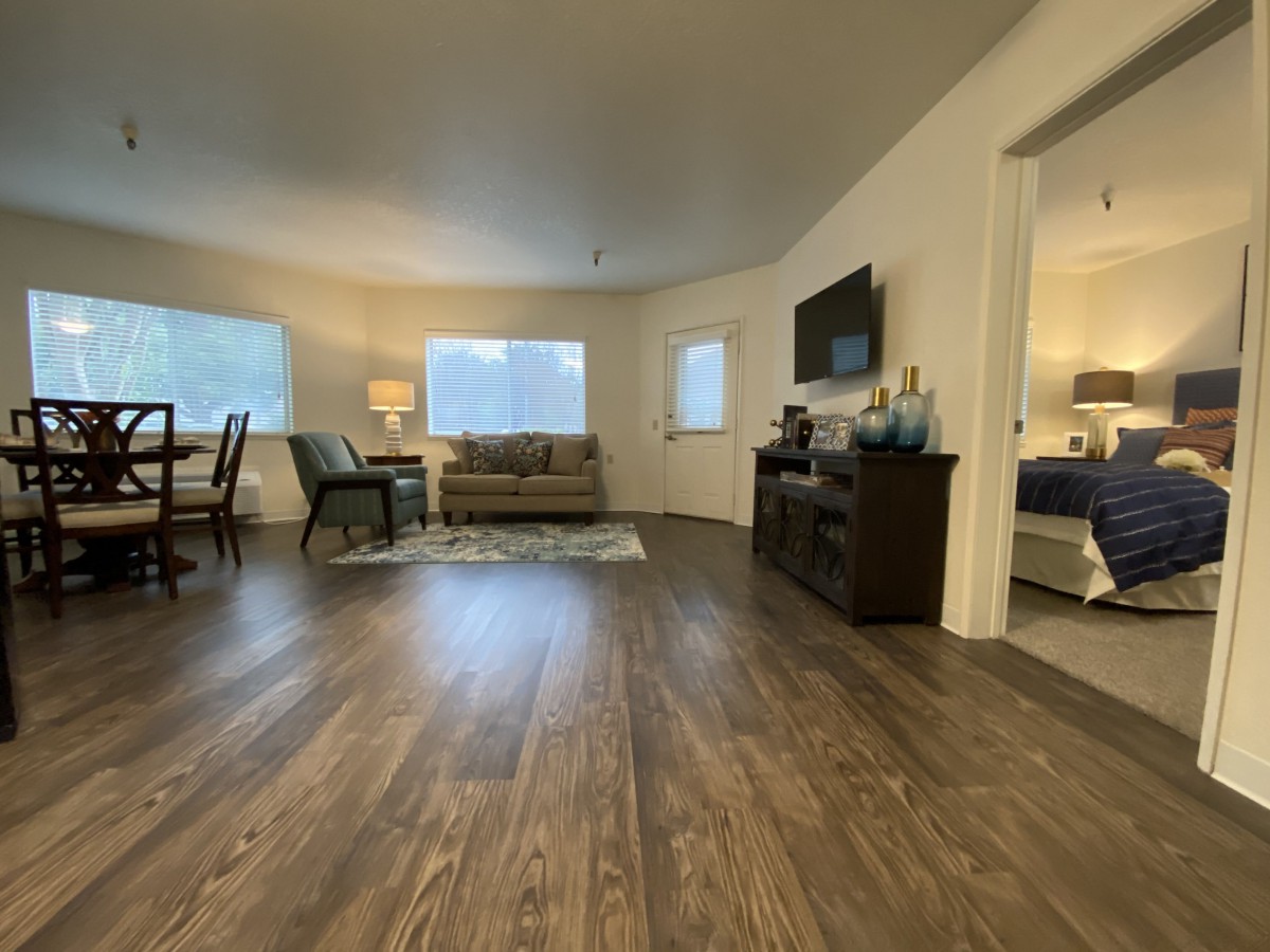 A spacious and modern living room with hardwood flooring, featuring a cozy sofa, television, and dining area.