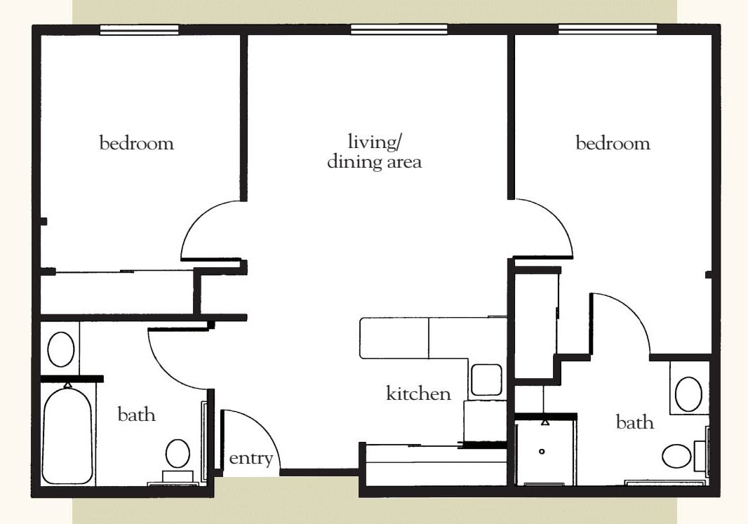 A floor plan of an apartment featuring two bedrooms, a kitchen, living/dining area, and bathrooms.