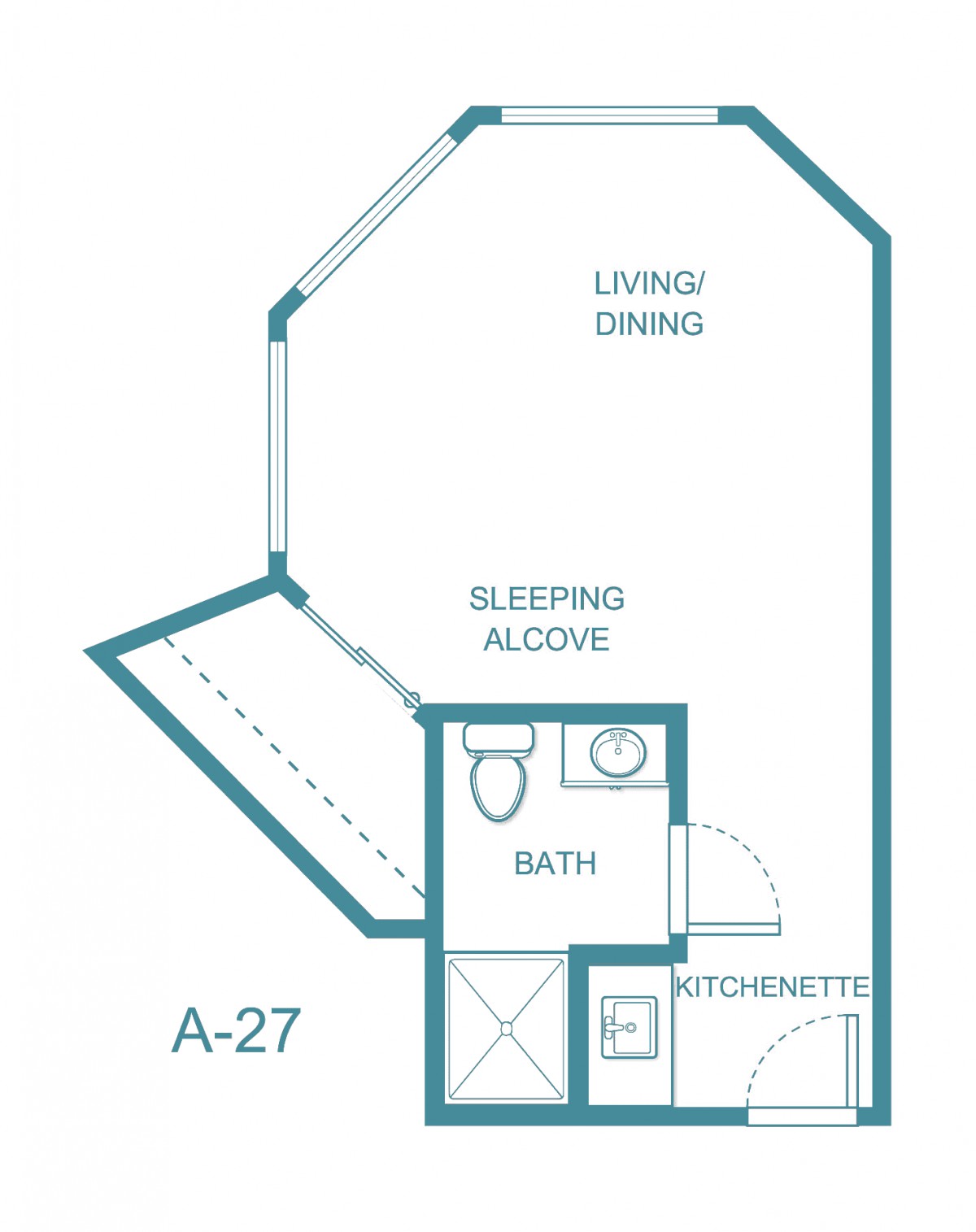 A studio apartment floor plan featuring a living/dining area, sleeping alcove, bath, and kitchenette.