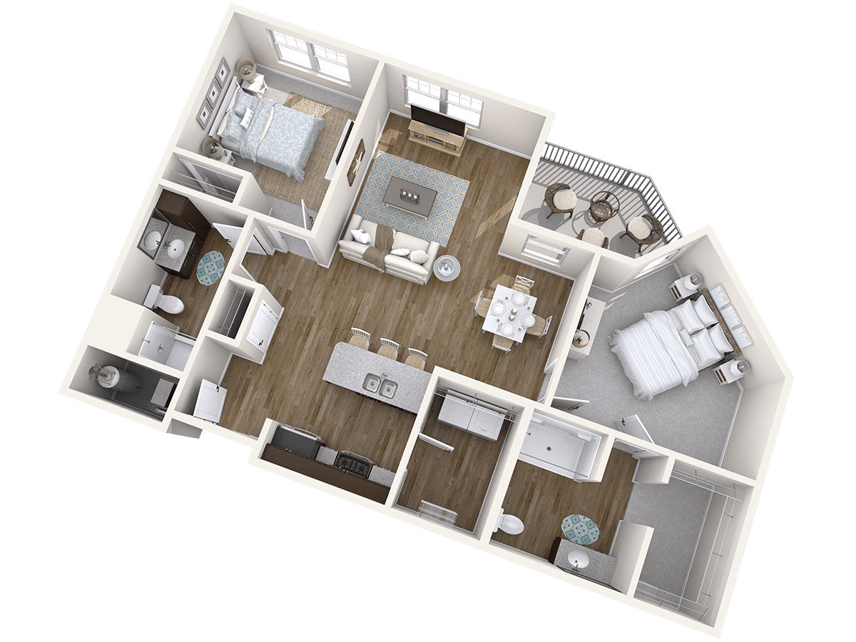 A 3D floor plan of a residential apartment featuring two bedrooms, two bathrooms, a kitchen, and a living area.