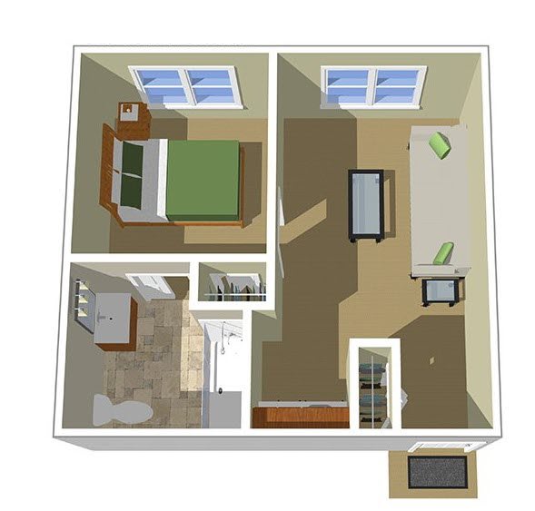 A one-bedroom apartment floor plan showcasing a living room, bedroom, bathroom, and kitchen.