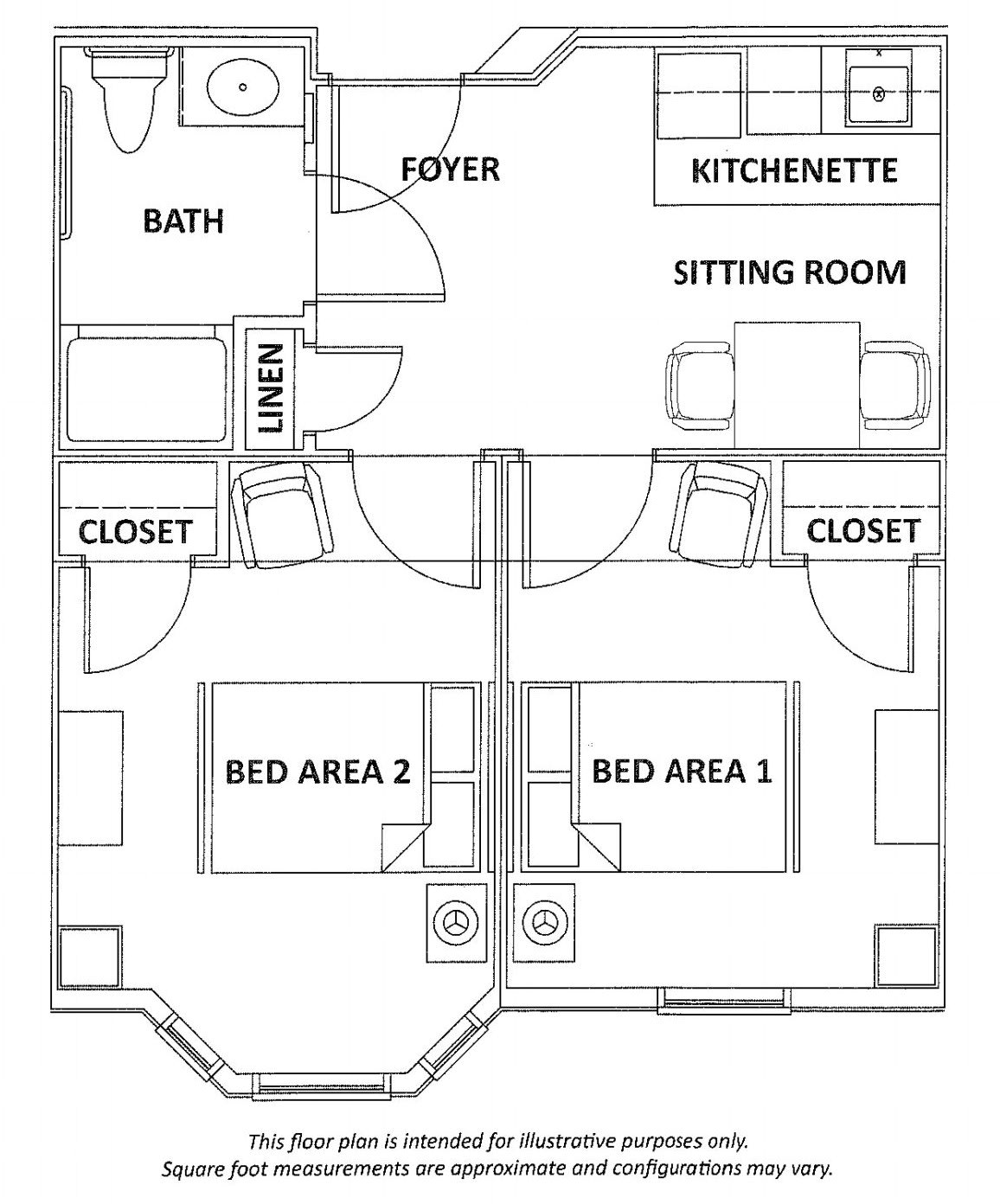 A detailed floor plan showing the layout of an apartment with designated areas for a sitting room, kitchenette, two bed areas, closets, bath, and foyer.