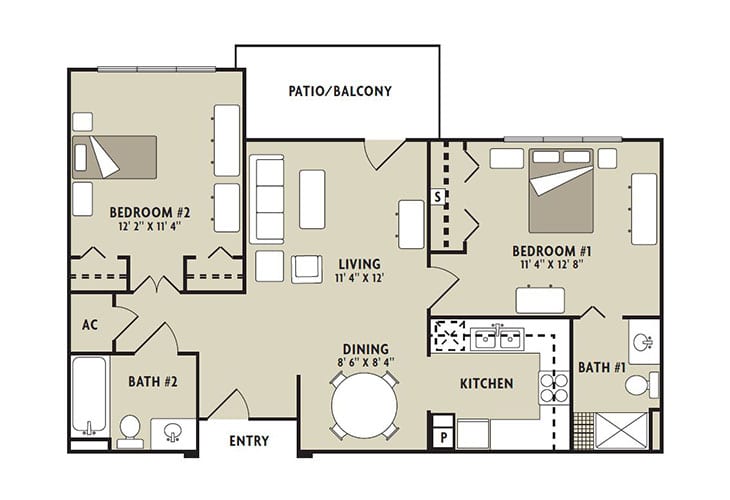 This is a floor plan of a two-bedroom apartment featuring a living area, kitchen, two bathrooms, and a balcony.