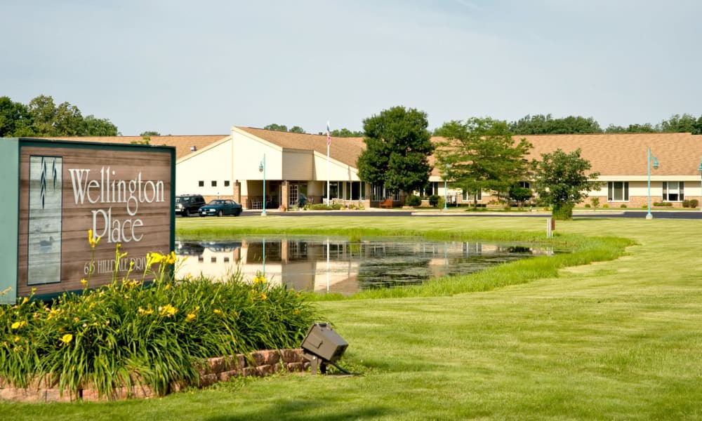 A building with a pond and landscaped surroundings, featuring a grassy area and trees.
