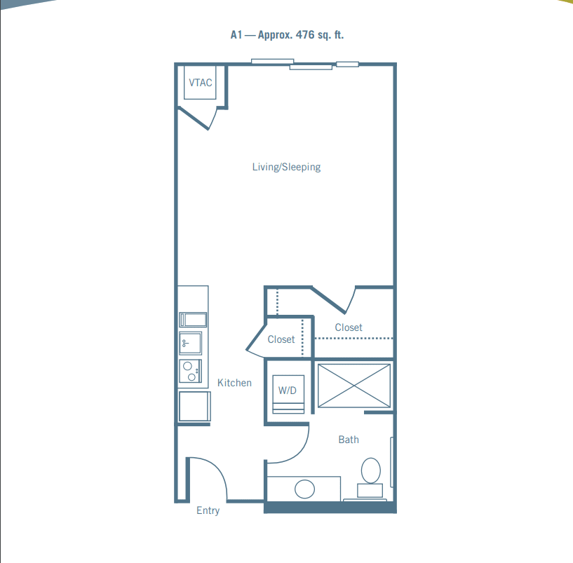 A floor plan depicting a one-bedroom apartment with designated living, kitchen, and bathroom areas.
