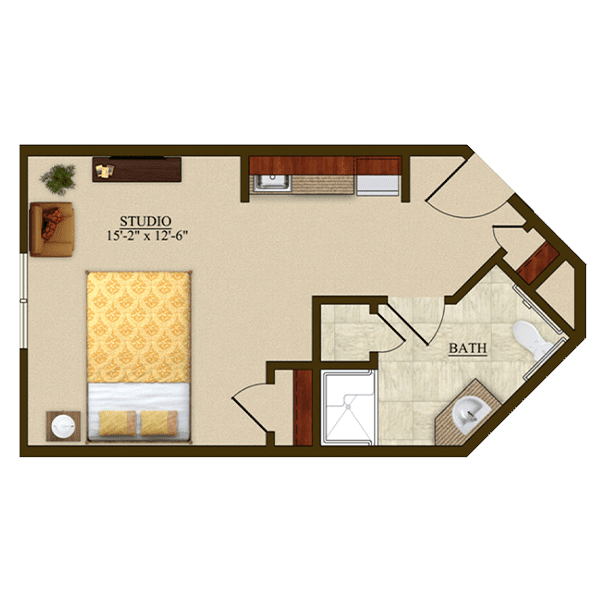 A floor plan of a one-bedroom apartment featuring a bathroom, kitchen, and living area.