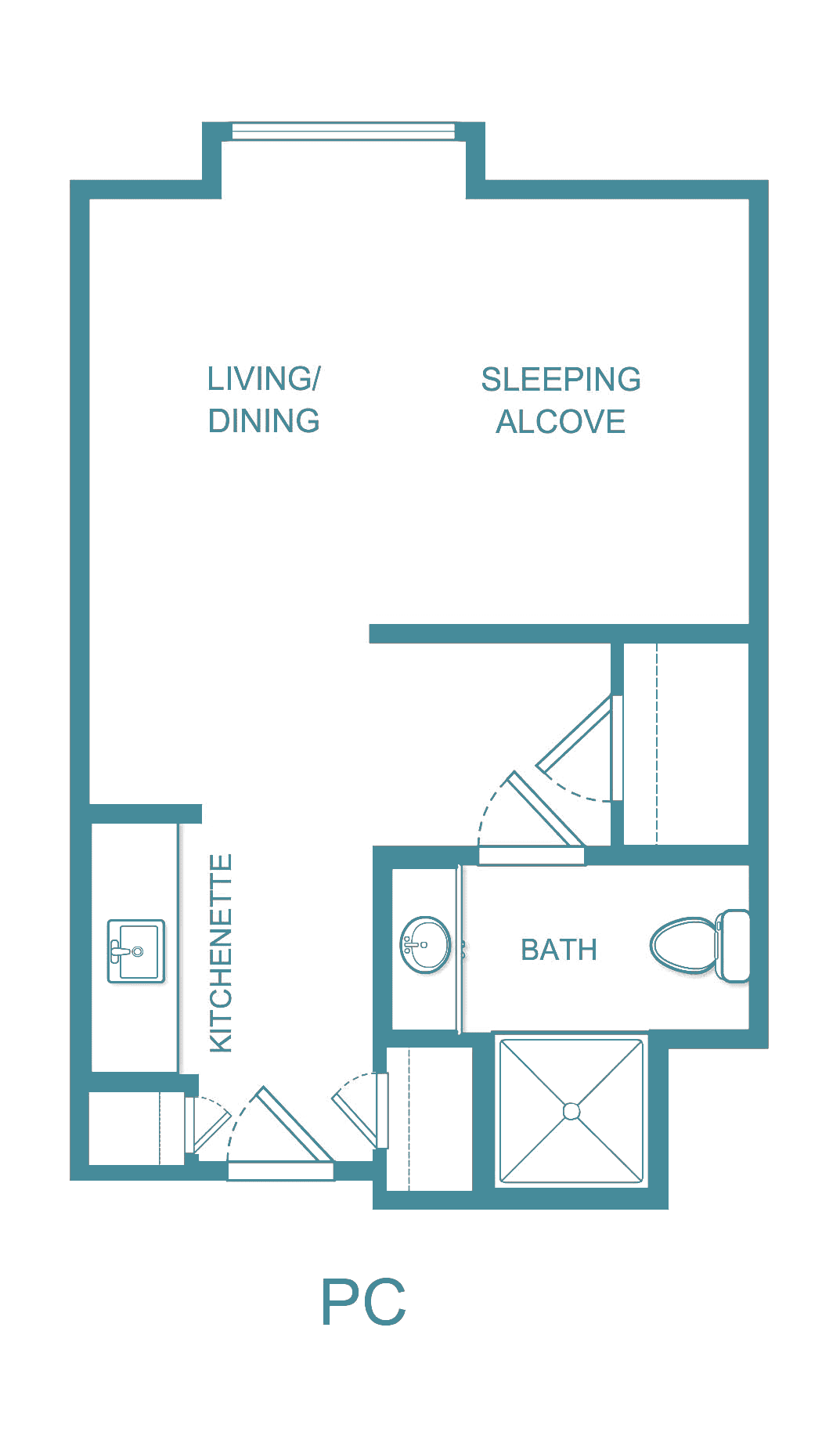 Floor plan of a studio apartment with living/dining area, sleeping alcove, kitchenette, and bathroom.