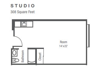 A floor plan of a studio apartment featuring a main room, bathroom, and closet.