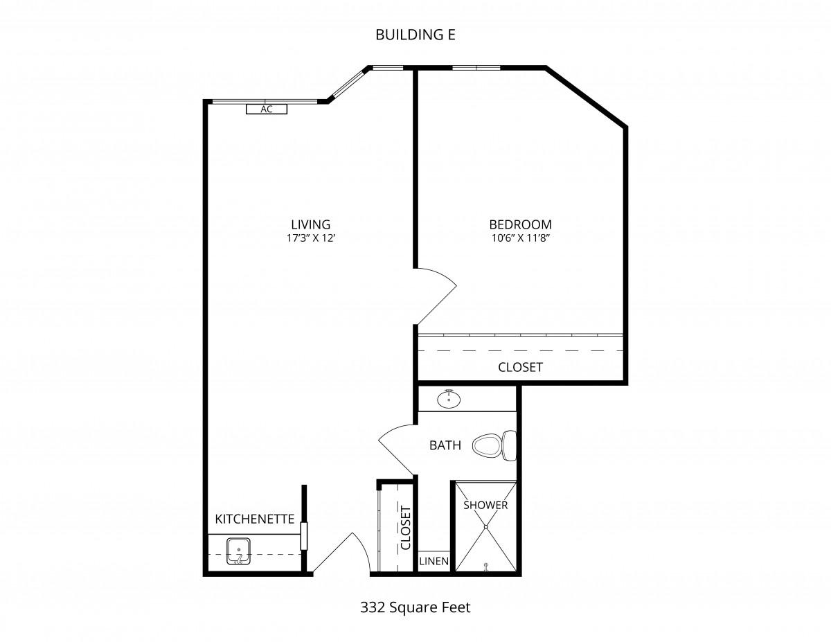 A floor plan of an apartment with designated living, bedroom, and kitchen areas.