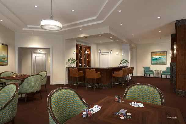 A cozy lounge area with a bar, tables set up for card games, and comfortable seating.