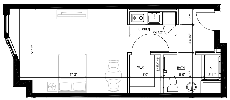 A detailed floor plan of a bedroom with dimensions and features labeled.