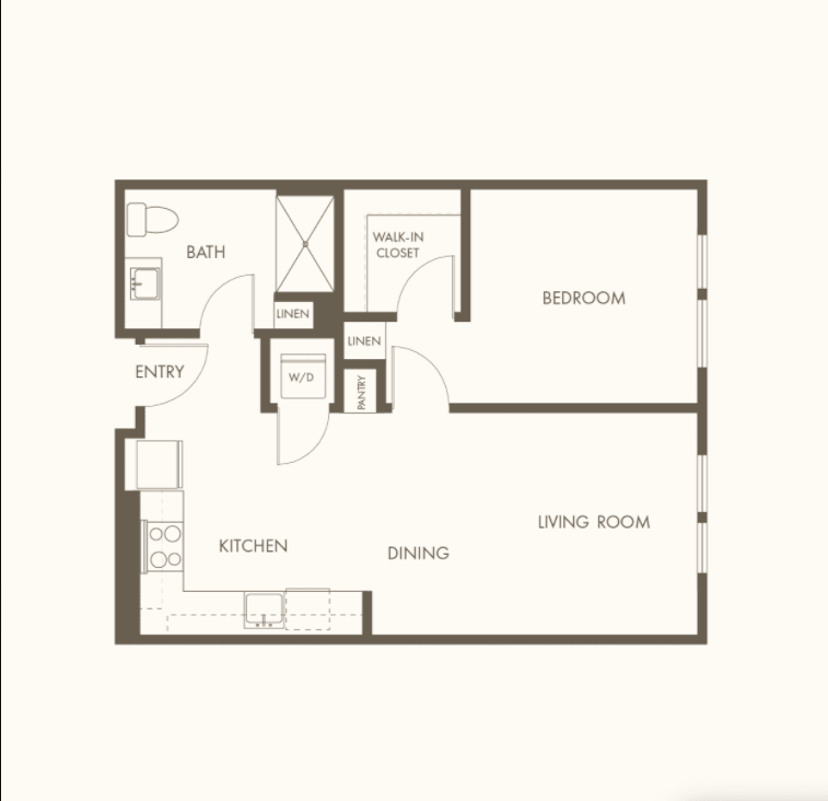 A floor plan of a one-bedroom apartment including a kitchen, bathroom, and living room.
