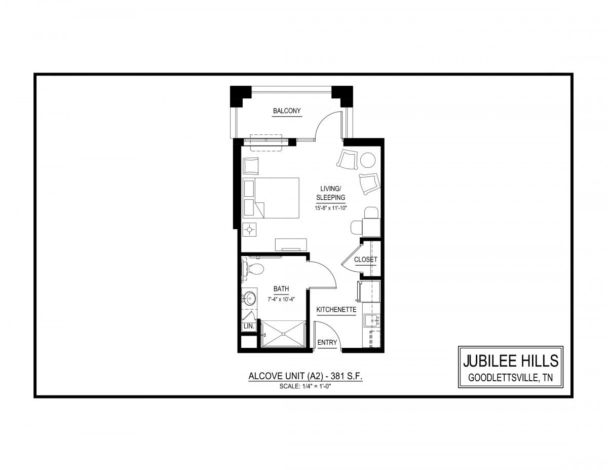 This image shows a floor plan of a studio apartment with designated areas for the kitchen, living room, and bathroom.