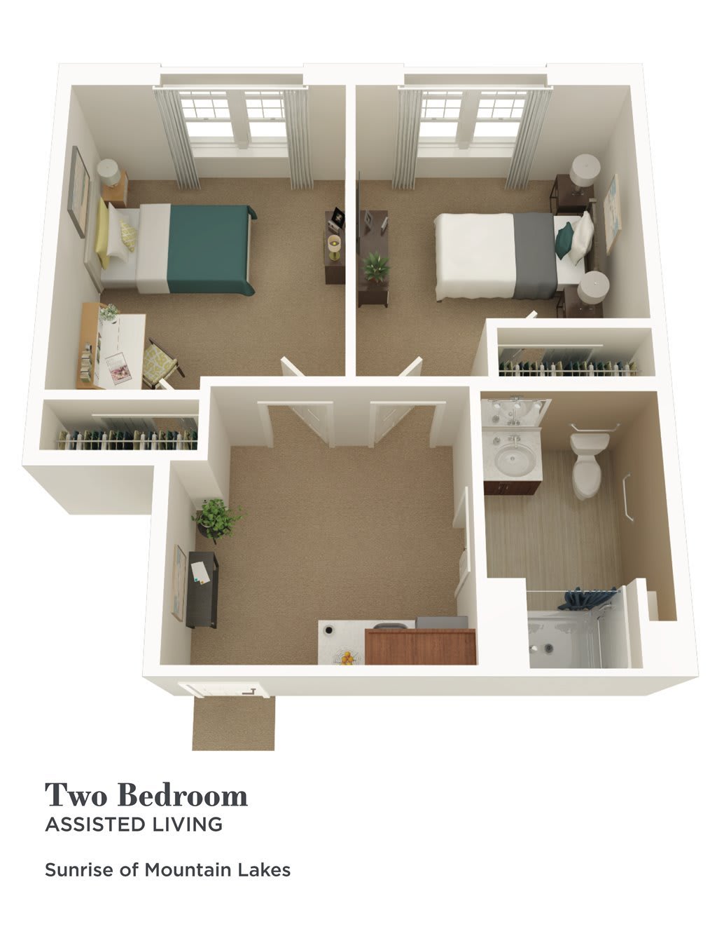 A 3D floor plan of a two-bedroom apartment, featuring a shared living space and bathroom.