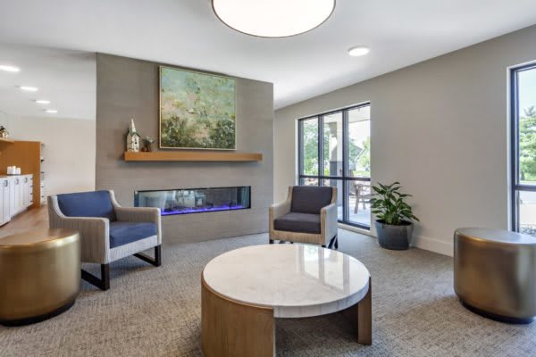 A modern living room with a fireplace, comfortable seating, and natural light.