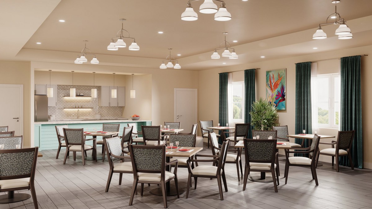 A modern dining area with multiple tables and chairs, featuring stylish lighting and a decorative artwork on the wall.