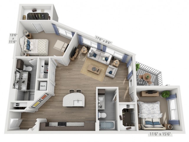 A 3D rendering of a modern apartment floor plan with two bedrooms, a living room, kitchen, and bathroom.