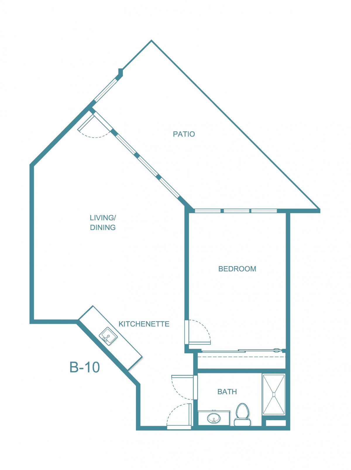 A floor plan of a small apartment featuring a living area, kitchenette, bedroom, and bathroom.