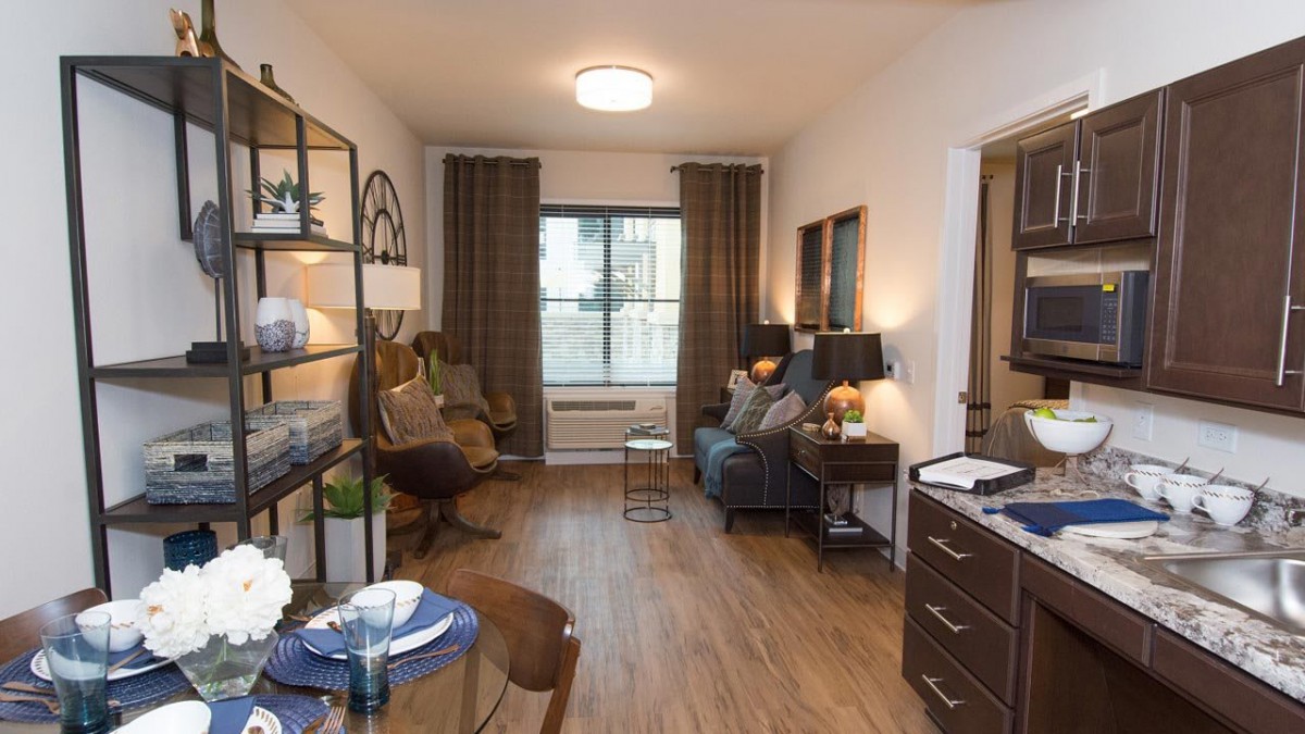 A cozy and modern living room in an apartment, featuring stylish furniture and decor.