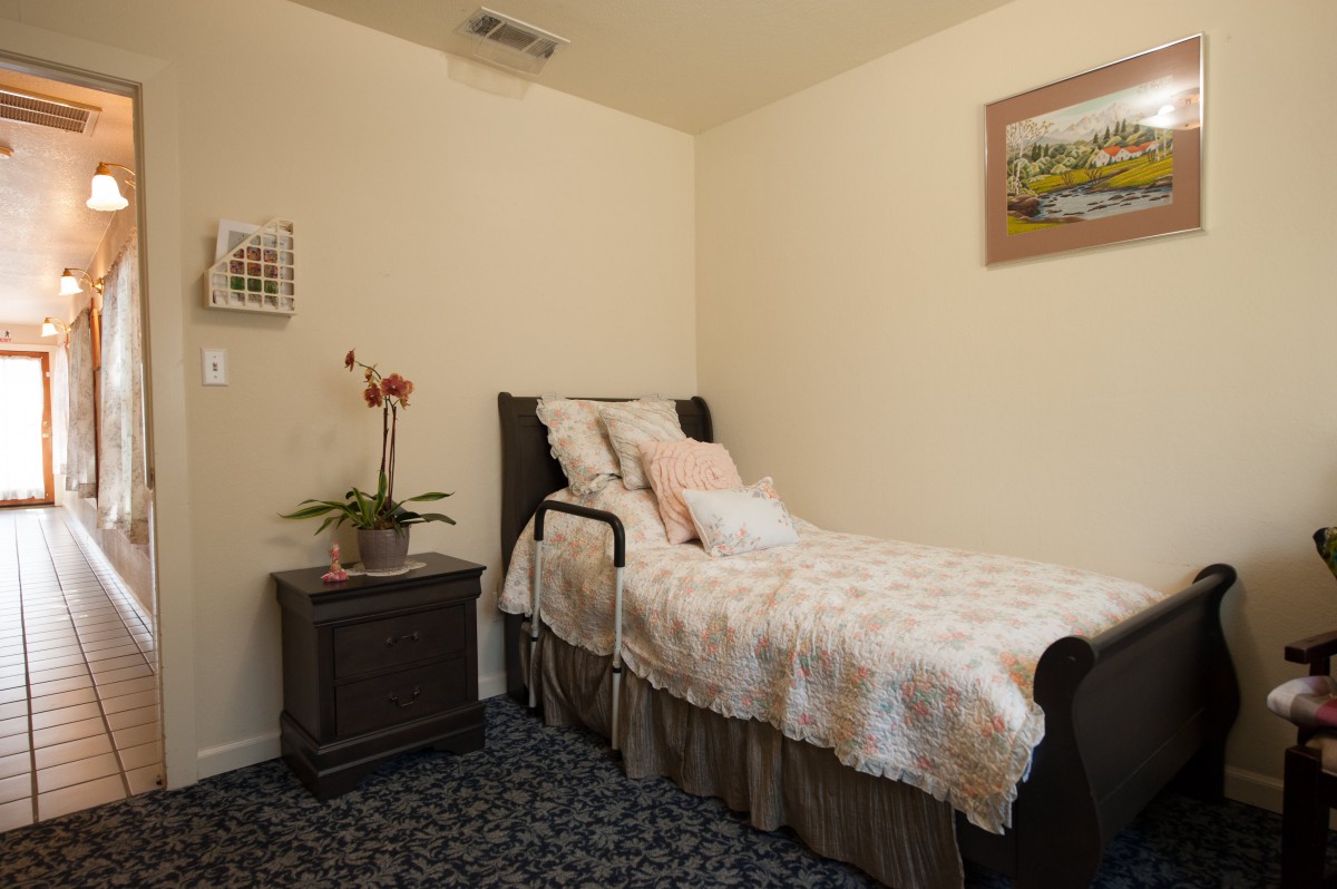 A cozy bedroom with a single bed, nightstand, plant, and wall art.