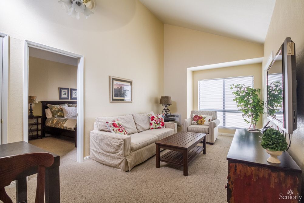 A cozy living room with a sofa, coffee table, and decorative elements.