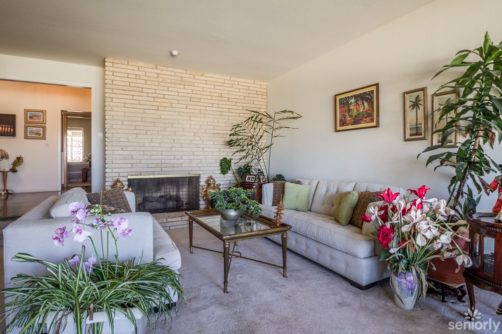 A cozy living room with a brick fireplace, comfortable sofas, and an assortment of plants.