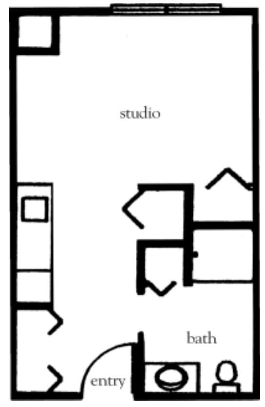 A simple floor plan of a studio apartment.