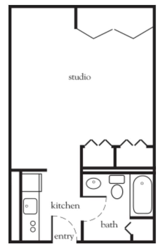 Floor plan of a studio apartment showing kitchen and bathroom layout.