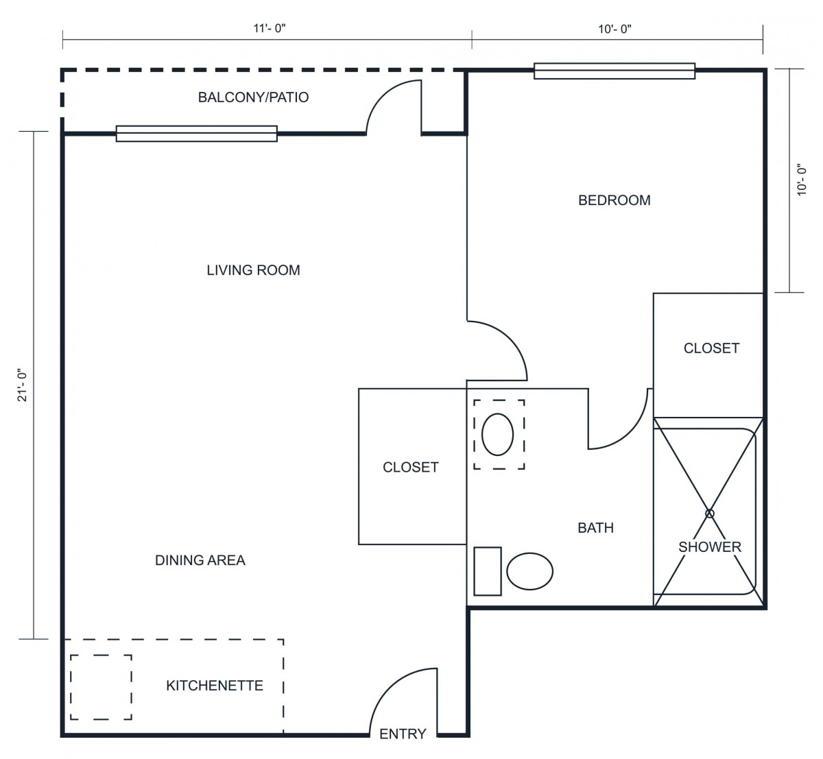 An apartment floor plan showcasing a living room with a balcony, a bedroom, a kitchenette, and a bathroom.