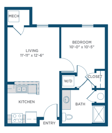 A floor plan of a one-bedroom apartment featuring a kitchen, living room, bathroom, closet, and washer/dryer space.