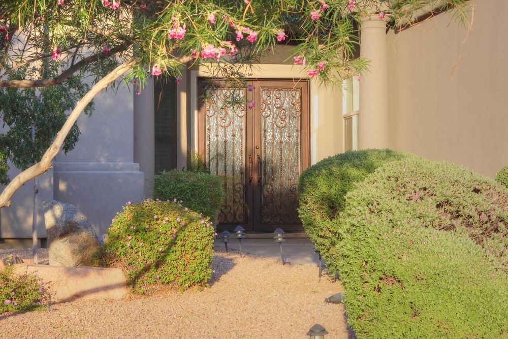 A welcoming front door surrounded by lush green bushes and flowering plants.