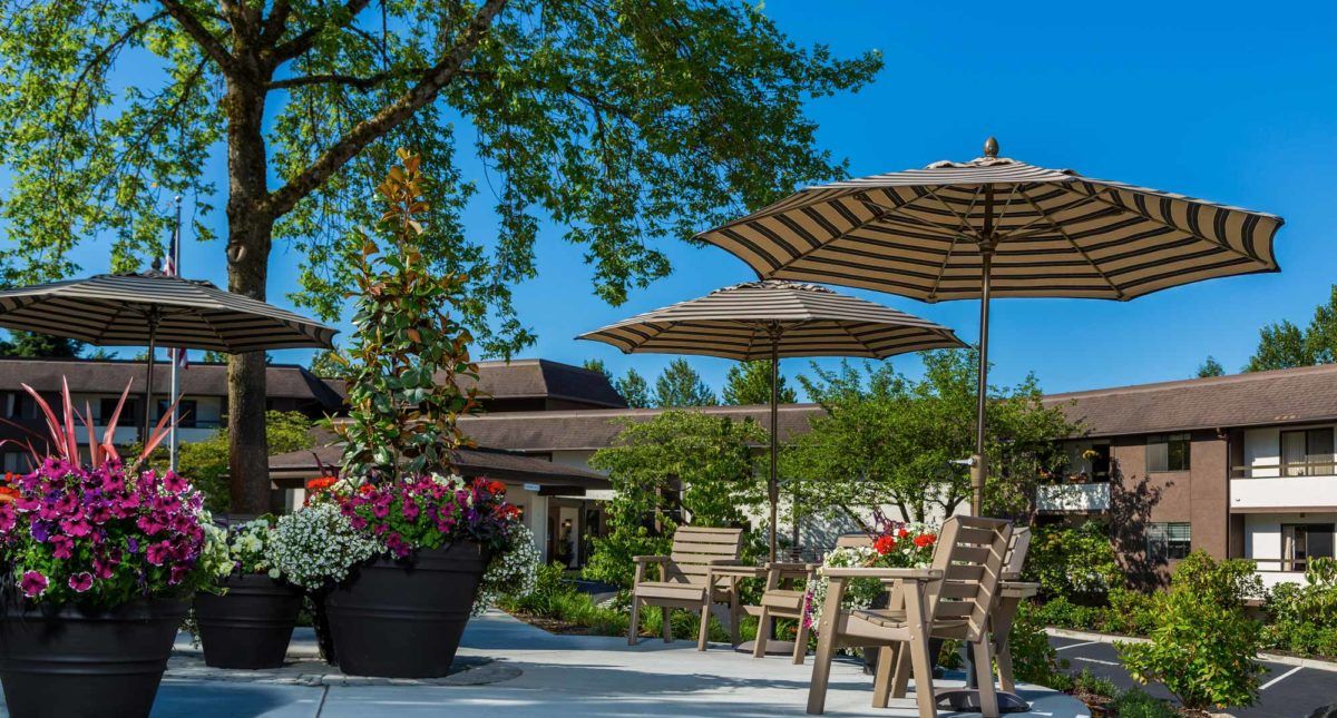 A serene outdoor patio with striped umbrellas, wooden chairs, and vibrant flower arrangements.