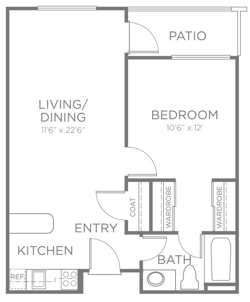 A floor plan of a one-bedroom apartment featuring a living and dining area, kitchen, bathroom, bedroom, and patio.