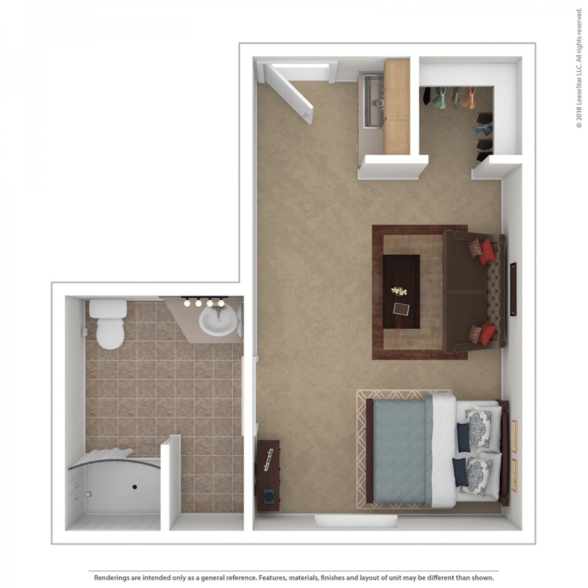A 3D floor plan of a one-bedroom apartment with a living area, bedroom, and bathroom.