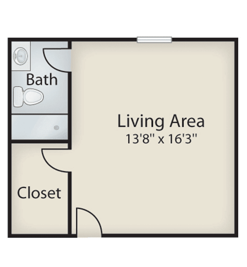 Studio apartment floor plan with living area, bathroom, and closet.