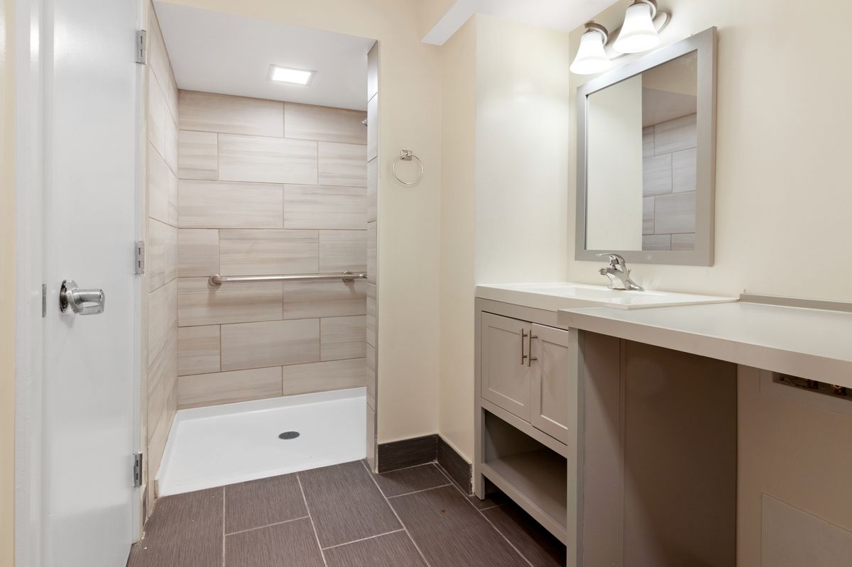 Modern bathroom with a walk-in shower and sleek vanity.