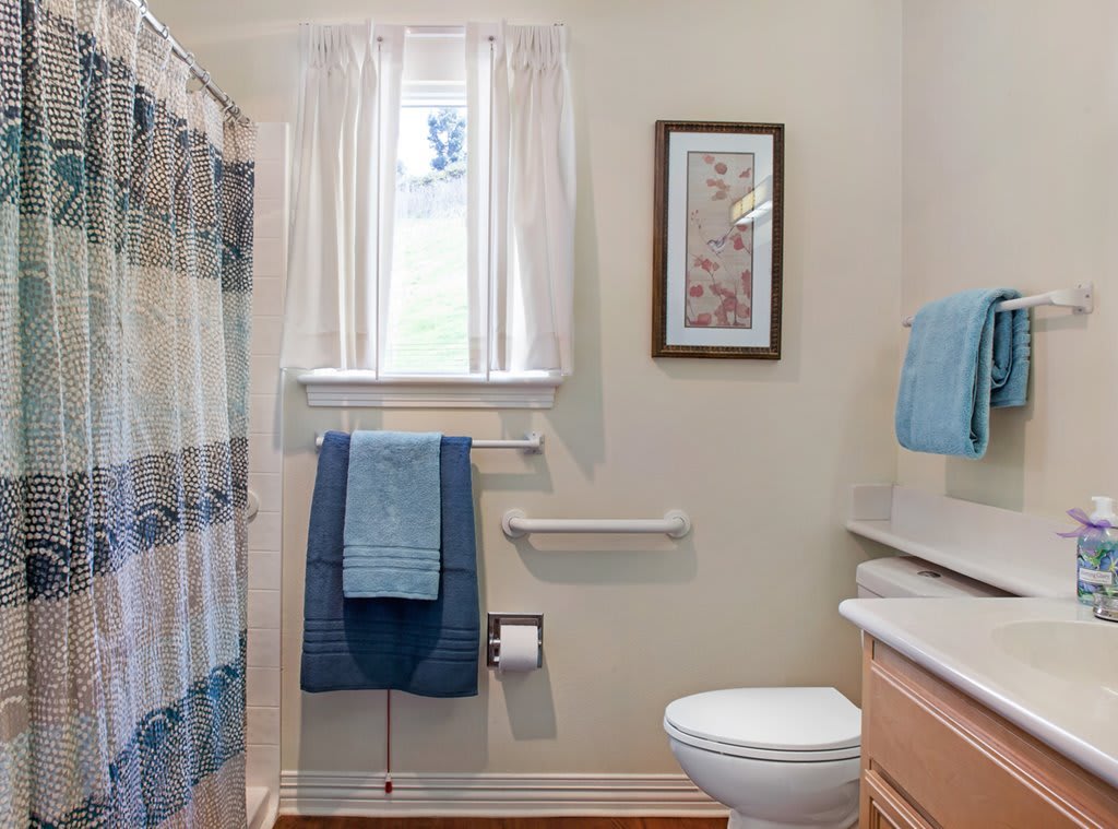 A clean and tidy bathroom with a shower curtain, window, towels, toilet, and a framed picture.
