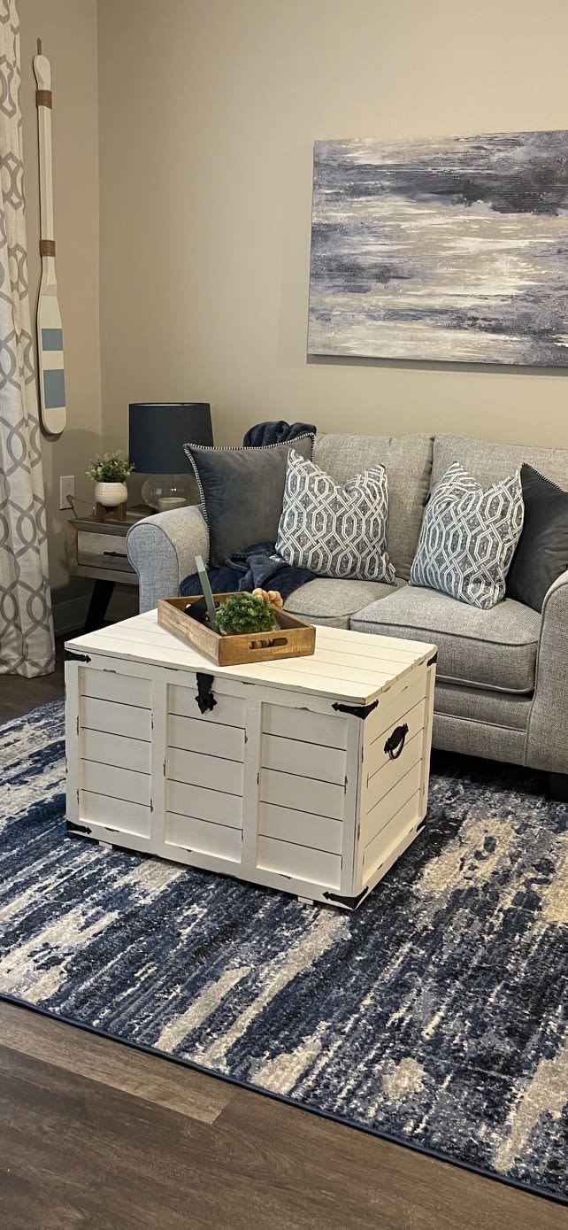 A cozy living room featuring a comfortable sofa with decorative cushions, a wooden coffee table with a tray and plants, and a stylish rug.