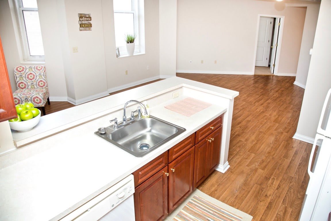 A modern kitchen with a sink and wooden flooring, featuring an open layout.
