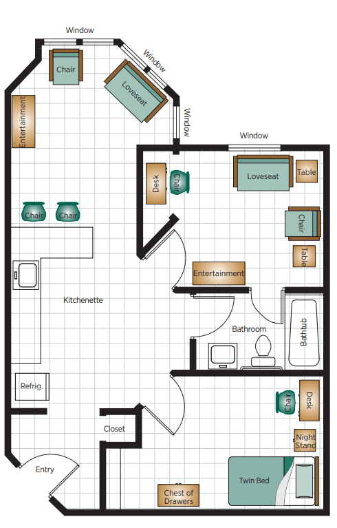 A detailed floor plan of a one-bedroom apartment, featuring a kitchen, living room, bedroom, and bathroom with furniture arrangement.