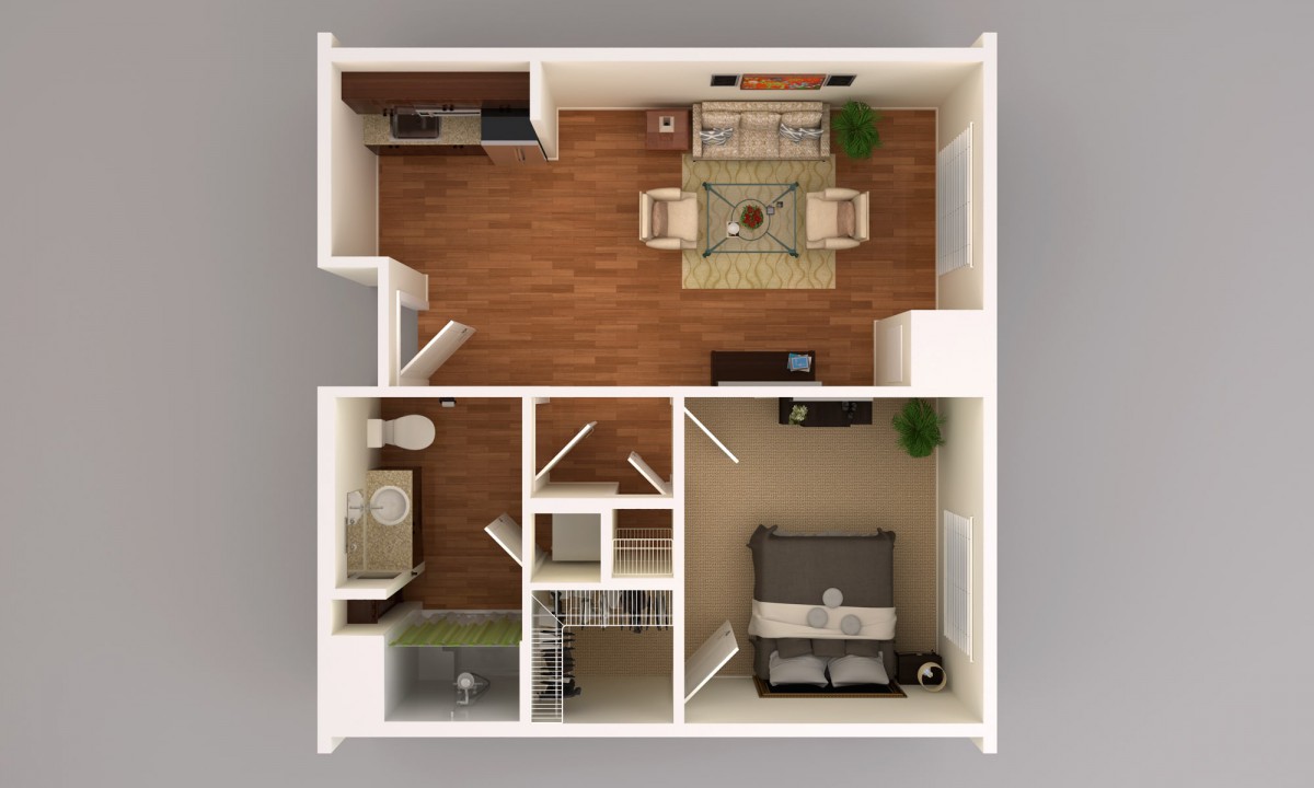 A 3D rendering of a one-bedroom apartment floor plan featuring an open-concept living and kitchen area.