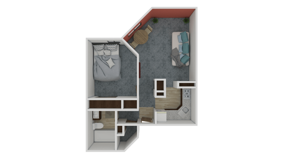 A 3D floor plan of a one-bedroom apartment, featuring a living room, kitchen, and bathroom.