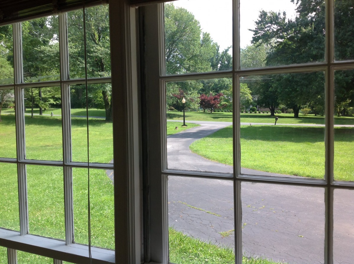 A scenic view of a grassy landscape and driveway seen through a window.