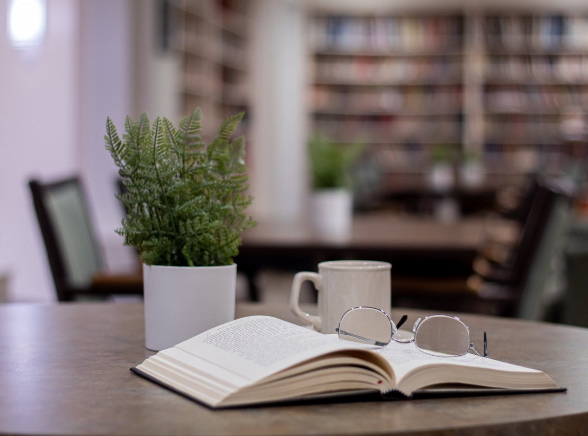 A cozy reading setup with an open book, glasses, a mug, and a plant in a library setting.