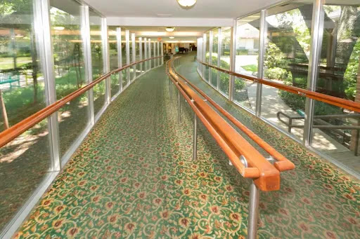 A spacious interior walkway featuring a patterned green carpet and glass walls, providing a bright and open atmosphere.