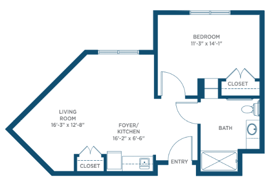 A floor plan depicting a one-bedroom apartment layout with room dimensions labeled.