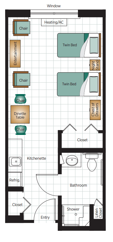 A floor plan of a room featuring a twin bed, sitting area, kitchenette, and bathroom with closet space.